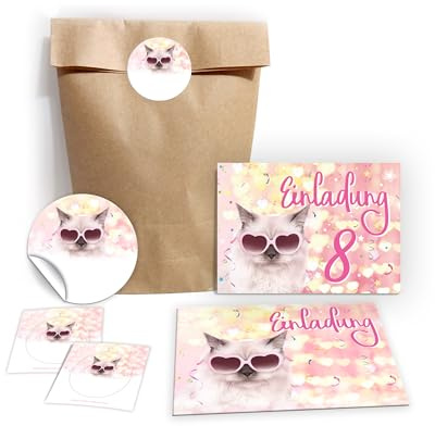 JuNa-Experten Einladungskarten 8. Kindergeburtstag – Katze-Design – Mädchen achten Geburtstag inkl. Umschläge, Partytüten & Aufkleber