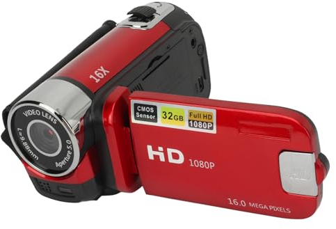 MENDUNER Point and Shoot Camera, Vintage Kamera, Videokamera, 1080P 16MP Digitalkamera 2,4 Zoll Drehbarer Bildschirm Camcorder 16X Zoom HD Videorecorder mit Fülllicht (Rot)