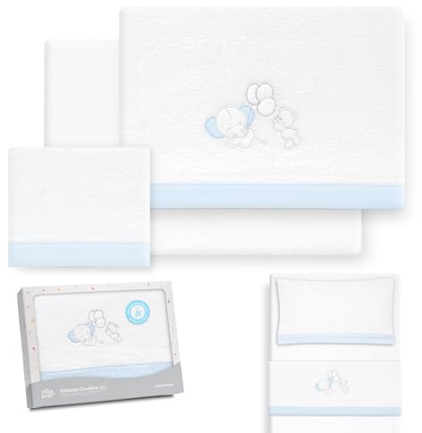 Interbaby - Juego Sabanas Minicuna 50x80 Poliester 100% | Sabana Cuna Bebe Coralina, Cálida | Incluye Sabana Bajera, Encimera y Funda de Almohada | Ideal Invierno | Elefante Globo Corazón Blanco/Azul