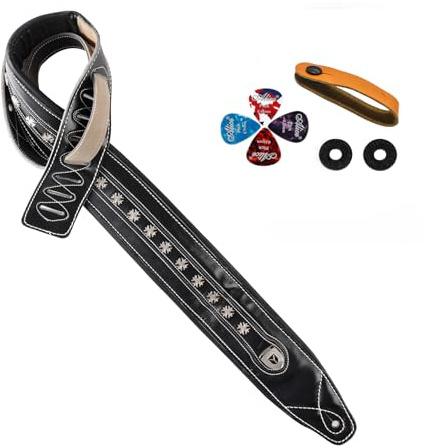 YUEKO Gitarrengurt aus genarbtem Rindsleder, verdicktes Luftpolster, gepolsterter Gurt für Akustik-, E-Gitarre, Bass, Y-Niete, schwarz, 8 cm Breite