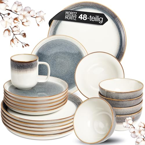Moritz & Moritz Steingut Geschirrset 12 Personen - Tarento 48-tlg. - Teller Set aus Steingut - Geschirr Set aus 12x Dinnerteller, 12x Dessertteller, 12x Suppenteller & 12x Tassen
