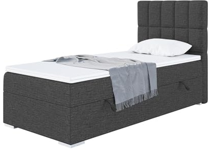 MEBLINI Boxspringbett mit Bettkasten - Gepolstert Einzelbett mit Matratze und Topper - Polsterbett mit Stauraum - Bett mit Kopfteil - Stauraumbett - Lukas - 100x200 Rechts - H3/Dunkelgrau Webstoff