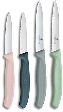 Victorinox Swiss Classic, Tomaten- und Gemüsemesser Set, 4teilig, Scharfe Klinge, 8 und 10 cm, Wellenschliff, Rostfreier Stahl, Pink und Grün