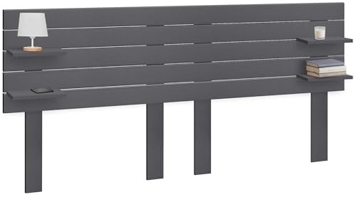 DHOME Tête de Lit en Bois MDF Recyclé avec Etagères et Pieds de Palettes Table de Lit Etagères Lit Nordique avec Accessoires Inclus (Palette Horizontale, Gris Massif, 210cm)