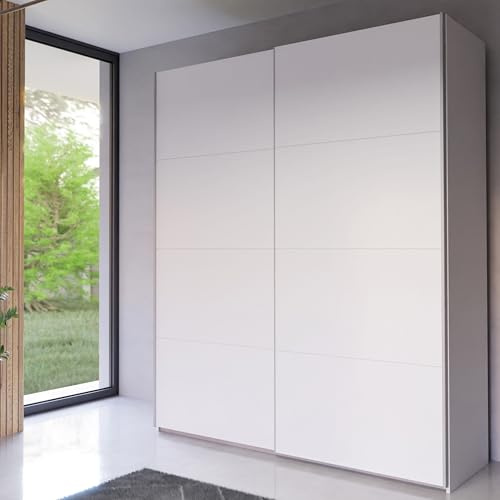 Forte Schach & MATT 2 weißer Kleiderschrank 170 180, moderner Schwebetürenschrank, 2-türig, Holzwerkstoff, Weiß Matt, 170,3 cm breit x 210,5 cm hoch x 61,2 cm tief