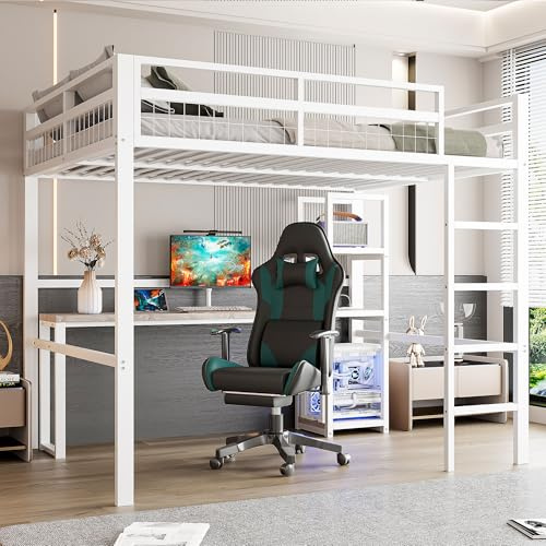 Merax Lit mezzanine en métal 140 x 200 cm avec bureau et plusieurs étagères, prise de courant, USB et Type-C - Cadre de lit avec sommier à lattes (sans matelas) pour enfants/adultes - Blanc