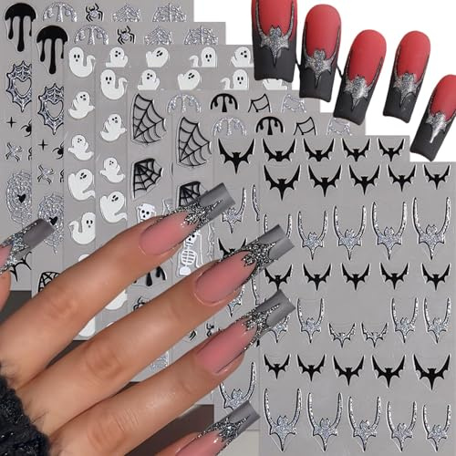 Nagelaufkleber Halloween, 8pcs Nail Art Sticker Halloween, Nagelaufkleber Spinne, mit Spinnennetz-Spinnen Geist-Muster-Dekorationsset, Geeignet für DIY-Nagelkunst für Damen(A)