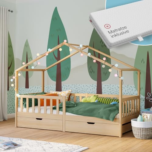 Bellabino Bia Schubladenbett 90x200 cm, Natur, mit Matratze, 2 Schubladen | Montessori Hausbett aus Kiefer Massivholz, mit Rausfallschutz, mit Lattenrost, Stauraum, Kinderbett für Jungen & Mädchen