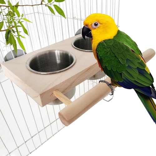 Toivize Vogelfutternapf Edelstahl mit Holz Sitzstange, Doppel Futterschale für Papageien, Wellensittiche, Sittiche & Kleintiere, Futter- & Wassernapf Käfig Zubehör, Abnehmbar & Leicht zu Reinigen