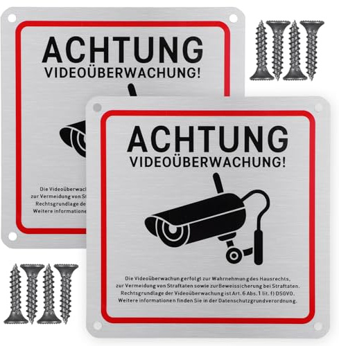 SHENLIU 2 carteles de advertencia de videovigilancia, 15 x 15 cm, aluminio, señales de advertencia de vídeovigilancia, propiedad privada, con tornillos para cámara de vigilancia exterior e interior