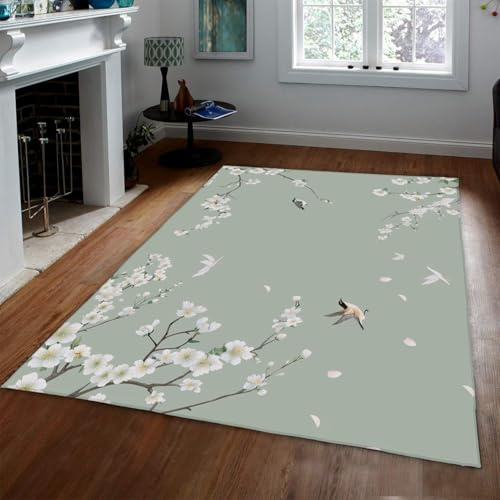 SHUODAOCO Blumen- und Vogelteppiche im chinesischen Stil 180x240cm für Wohnzimmer Schlafzimmer Weiße Blume Grüne Blätter Tragbarer Orientteppich für Bauernhaus Küchenboden