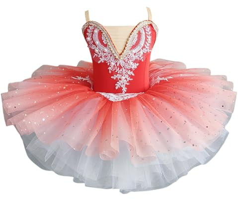 Balett Tutu-klänning för flickor Sparkly Puffy Tylle V-ringad Swan Ballerinadräkt för barn Dansföreställningar och fest,Red,160