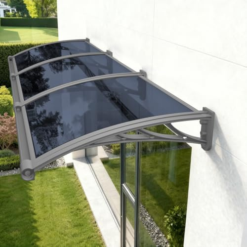 Vordach für Haustür, Überdachung Haustür mit Waschbecken aus Aluminium fur Markisen Fenster Türen Außenbereiche UV- Regen- Schnee- Sonnenschutz,Grau Platte-Grau PC Halterung 100x300cm