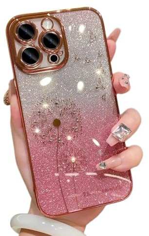 UJNHGQ Custodia con glitter sfumati a forma di dente di leone per iPhone 15 12 11 13 14 16 Pro Max Mini X Xs Xr 7 8 Plus SE2 Bling Diamond Soft Cover, Rosa, per iPhone 14 Pro Max
