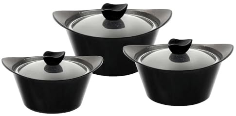 Fomora 3pcs Stockpot Set Induction Casserole Pot with Glass Lid Non Stick Cooking Pots Multi Purpose Boiling Pot for Soups Stews & Brew 20cm - 24cm - 28cm (Black)
