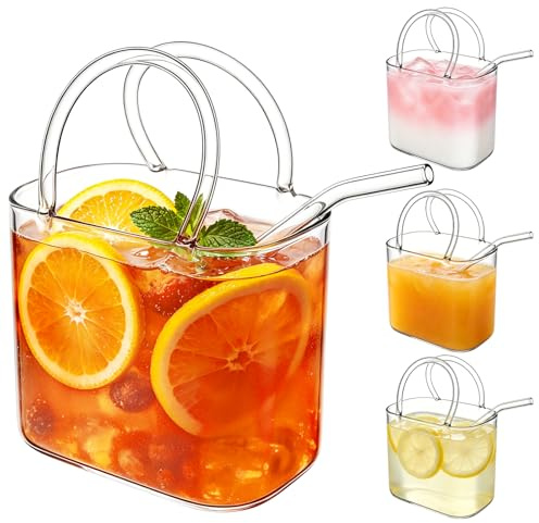 YERENCY Lot de 4 verres à boire en verre de 750 ml avec paille et poignée, sacs à main créatifs également comme vase décoratif, idéal pour cocktails, jus, fêtes et comme cadeau (4 pièces)