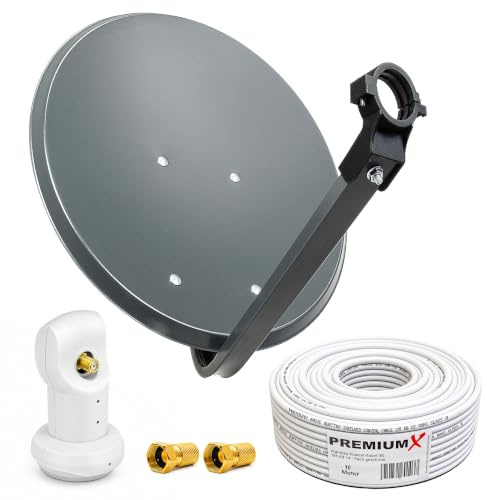 PremiumX Camping Satelliten-Komplettanlage 60cm Satellitenschüssel Anthrazit SAT Single LNB 10m Kabel 2X F-Stecker
