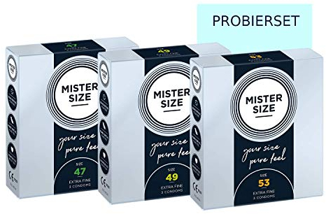 MISTER SIZE Condones muy delicados al tacto (47-49-53 mm) 3x3 Juego de prueba/extra fino, extra húmedo/hecho de látex de caucho 100% natural de su talla XS - M