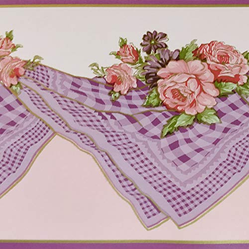 Dundee Deco BD3219 Pink Bloomed Roses Lila Mauve Tischdecke Küche Tapeten Bordüre Retro Design Rolle 10 m x 10 cm, selbstklebend Tapetenbordüre