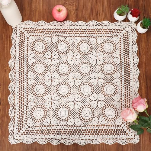 kilofly Handmade Crochet Cotton Lace Table Placemats Sofa Doilies, Square, Beige, 27 inch