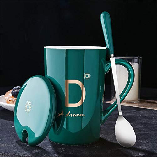 Tazza Tazza Di Caffè Regalotazze In Ceramica 380Ml Tazze Con Motivo A Lettere Creative Con Coperchio A Cucchiaio Oro Verde Latte Tazza Da Caffè Mark Drink Ware Novità Regali, D, Scatola Nera