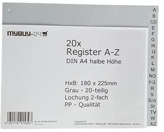 mybuy-24 Register A4 A-Z halbe Höhe 20-teilig, Universallochung PP Kunststoff grau 180 x 225mm Trennblätter Buchstaben 20er Sparpack