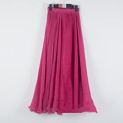 KHJH Faldas Mujer, Falda Larga De Gasa Fucsia Fluida Boho con Cintura Elástica Elegante Color Sólido Falda De Tul De Una Línea De Columpio Grande Falda De Órgano De Boda De Fiesta De Vacaciones En La