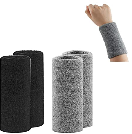 Bandeau Poignet Sport Transpiration 4 Pièces - Long Gris, Noir pour Gymnastique, Course, Bicyclette, Football, Tennis, Basketball