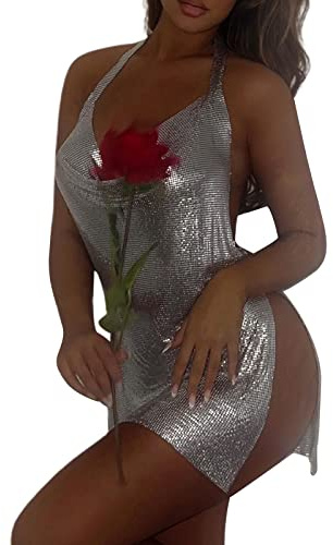 FeMereina Damen Sexy Neckholder Rückenfrei Durchsichtige Pailletten Club Bodycon Minikleid Ärmellos Glitzer Cover Up Seitenschlitz Minikleid
