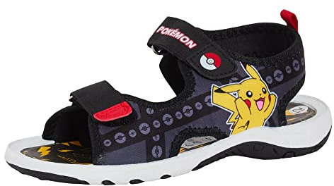 Pokemon Sandali Sportivi Per Ragazzi Bambini Pikachu Poke Ball Open Toe Easy Fissare Scarpe Estive, Nero , 27 EU