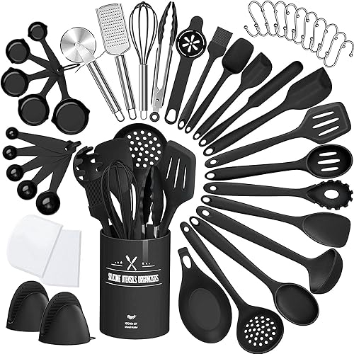 Set di utensili da cucina Terlulu, 43 pezzi, in silicone, resistenti al calore, con porta utensili, lavabili in lavastoviglie