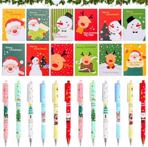 Weihnachts Gelschreiber Set, 12 Weihnachtsgel Tinte Stifte Cartoon + 12 Mini Weihnachten Notizblöcke, Kugelschreiber Schreibwaren Set,Weihnachtsfeier Geschenk Schulbüro Familie Partytüte Füller