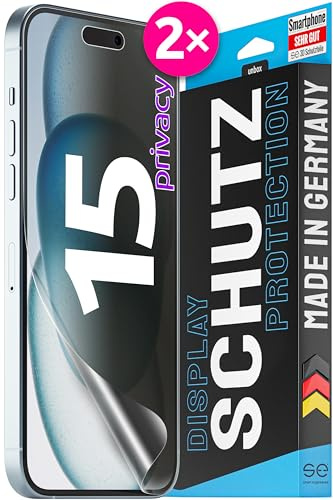 3D Pellicola protettiva per schermo per Apple iPhone 15 Privacy [2 pezzi | smart engineered] - Anti-Spia, Case-friendly, Non Vetro Temperato ma Pellicola Protettiva TPU, Anti-spy