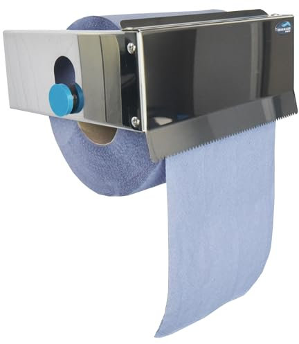 Compact Blue Roll Holder & Paper Towel Dispenser. Stylish Stainless Steel With Easy Tear Away Design | Wall Mounted With Permanent Fitting. Fits Blue Roll & White Paper Towels Up To 21cm Wide