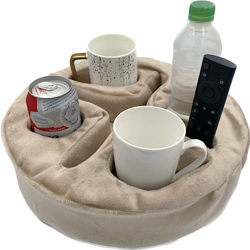 Cup Holder Pillow for Sofa & Bed, Organiser Caddy for Drinks & Remotes | Beige colour sofa caddy. Holds drinks, snacks, remote, phone. Soft removable cover. Use on couch, bed, car, beach.
