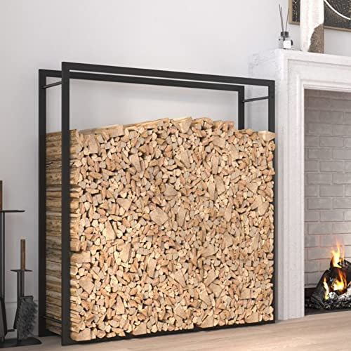 Homgoday Portalegna Nero Opaco 110x28x116 cm in Acciaio, Portalegna da Interno, Portalegna da Ardere, Porta Legna per Camino, Legnaia da Interno, Impilabile Stufa Ripiano Legno