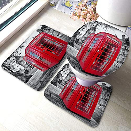Set 3 Teilig Badvorleger Rote Telefonzelle, Vintage London Straßenszene, Wahrzeichen Der Stadt Big Ben Badgarnitur Badematten Wasserabsorbierend Küchentürteppich, Für Wc-Sitz Bezug, Wohnzimmer