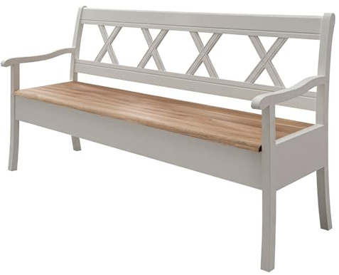 Esszimmer Bank 200cm mit Stauraum, Kiefer weiß mit Eiche, Massivholz