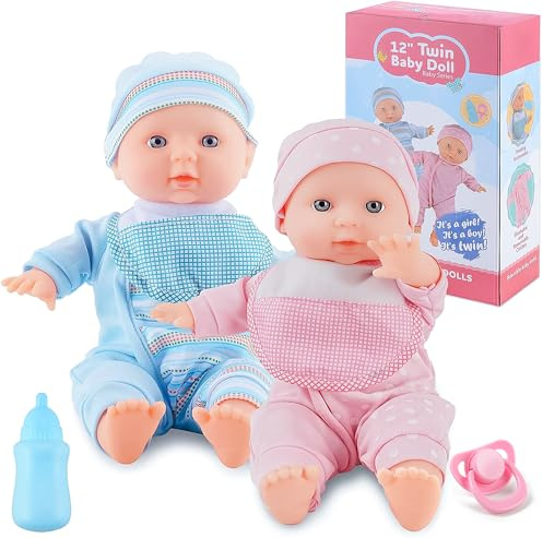 SMILESSKIDDO Twin Baby Dolls - 12 inch Two Soft Body Doll with Rompers, Hat and Pacifier, Doll Bibs, Dolls Play Set for 2 3 4 5 Year Old Boys and Girls Gift