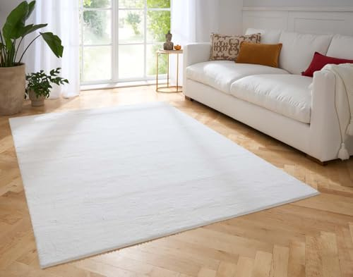 Taracarpet Fellteppich Kunstfell Teppich Waschbar, Hasenfell Imitat, Kaninchenfell, Kurzfell | Flauschiger Teppich Wohnzimmer, Bettvorleger Schlafzimmer, Teppich Fell weiß 160x230 cm