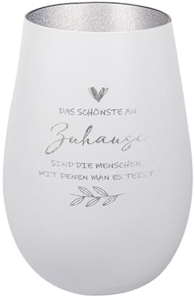 Der-Porzellan-Laden Windlicht mit Gravur Weiß Silber Teelichthalter | Das schönste an Zuhause, aus Glas mit Spruch, Tischdeko modern