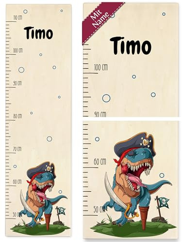 Messlatte Kind Holz - Dinosaurier - T-Rex Dino Pirat Dinosaurier-Piratenabenteuer mit TRex Piraten-TRex - 50-110 cm - Holz - t rex holzlatte bunt für kinder grössenmass name messstange