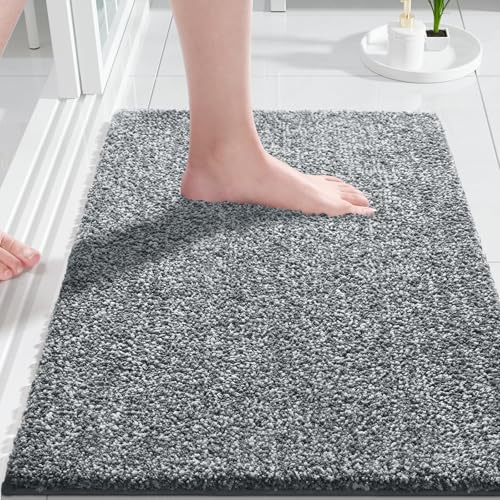 Yimobra Rutschfester Badezimmerteppich Extra weich und bequem Wasserabsorbierende, Dicke und maschinenwaschbare Badematte Flauschig für Dusche und Badewanne, Dunkelgrau&Weiß, 43 x 61 cm