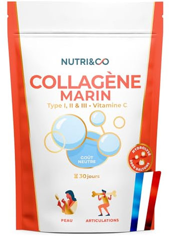 NUTRI & CO Collagene Marin Poudre Types 1, 2, 3 + Vitamine C, Breveté Naticol® & Cartydiss®, Peau Hydratée Soutien Articulaire, Peptides Hydrolysés 2000 DA, 180g Goût Neutre 30jrs, Fabriqué en France