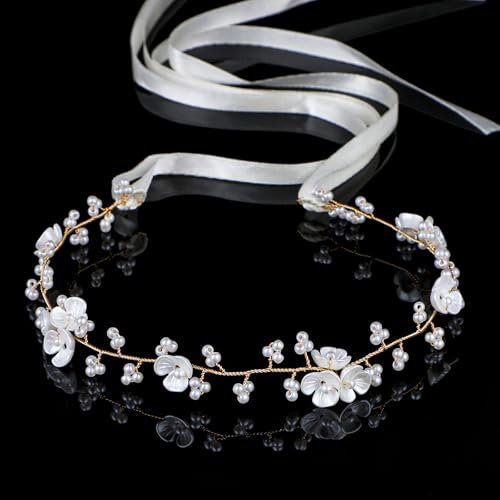 AOZUO Diadema de Flores con Perlas Blancas - Accesorios para el Cabello de Princesa para Niña