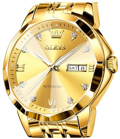 OLEVS Armbanduhr für Herren, automatische Klassische mechanische Uhr, Diamantspiegel, Edelstahl, lässig, wasserdicht, Tag/Datumskalender