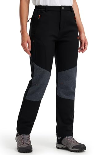 Libin Softshellhose Damen Winter Gefüttert Hose Wanderhose Thermohose Wasserdicht Skihose Winddicht Warm Outdoorhose Trekkinghose, Schwarz X-Groß