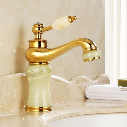 CCKUHN All Copper Natural Jade Sink Basin Hot and Cold Water Faucet Gold Splash-Proof Faucet, Gold-Green Jade Model