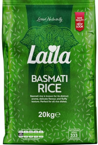 Laila Basmati Riz Basmati 20 kg – Riz basmati de qualité supérieure du Pakistan, aromatique et facile à digérer, idéal pour toutes les occasions, sans gluten, accompagnement parfait pour vos plats