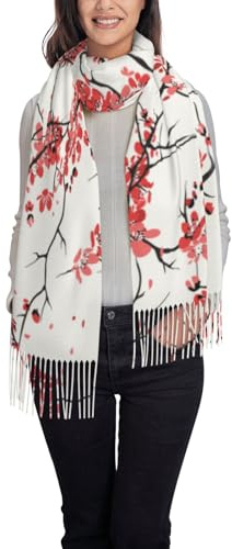 Loppott Zarter Schal mit Kirschblüten-Druck, Quasten, Schal, Herbst-Winter, modischer Fransenschal, Schwarz, Einheitsgröße